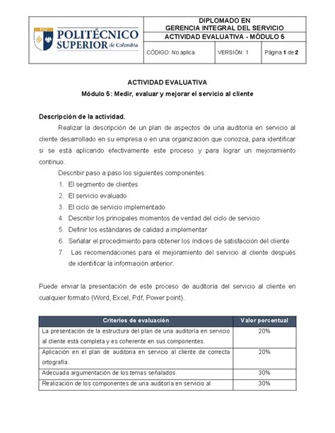 Actividad Gerencia Integral del servicio ACTIVIDAD EVALUATIVA Módulo