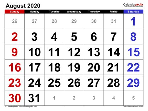 August 2020 Calendar | Templates for Word, Excel and PDF