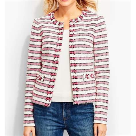 Talbots Pink White Striped Tweed Zip Up Jacket Size 1 Gem