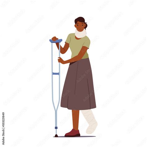 Sick Woman With Leg Fracture And Neck Injury Walk With Crutch Injured