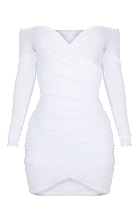 Shape White Mesh Ruched Bardot Bodycon Dress Prettylittlething