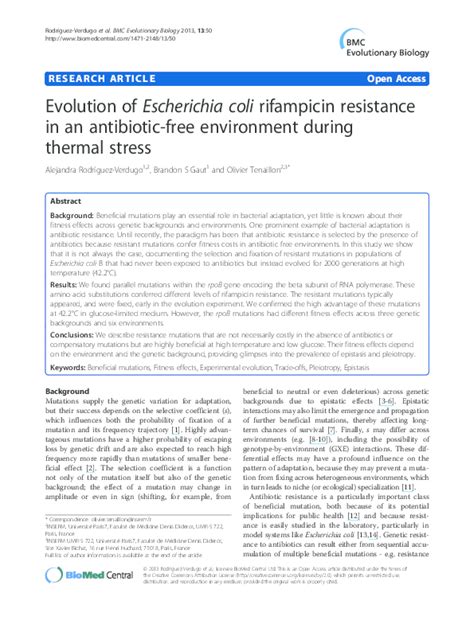 Pdf Evolution Of Escherichia Coli Rifampicin Resistance In An Antibiotic Free Environment