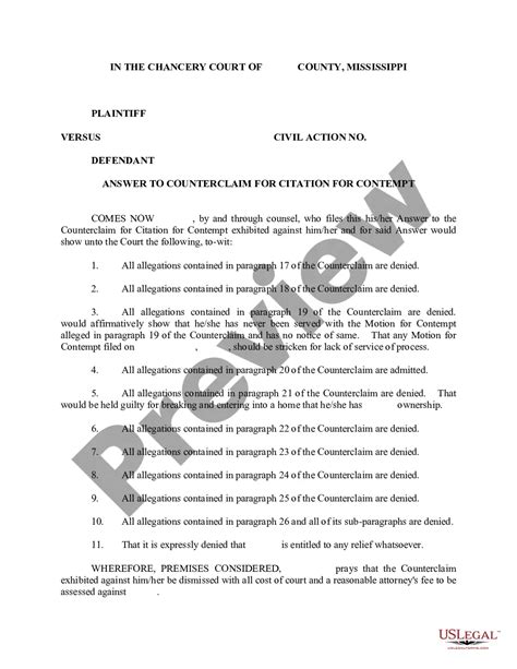 Mississippi Answer To Counterclaim For Citation For Contempt Mississippi Citation Us Legal Forms