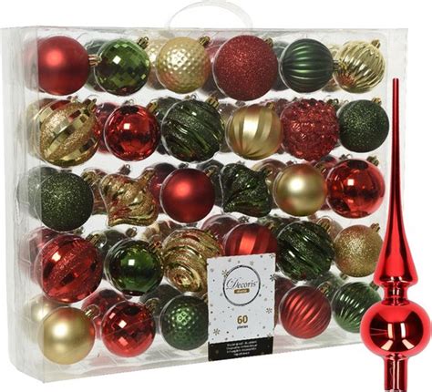 Decoris Kerstballen 60x Kunststof 6 7 Cm Met Piek Rood Goud Groen Bol