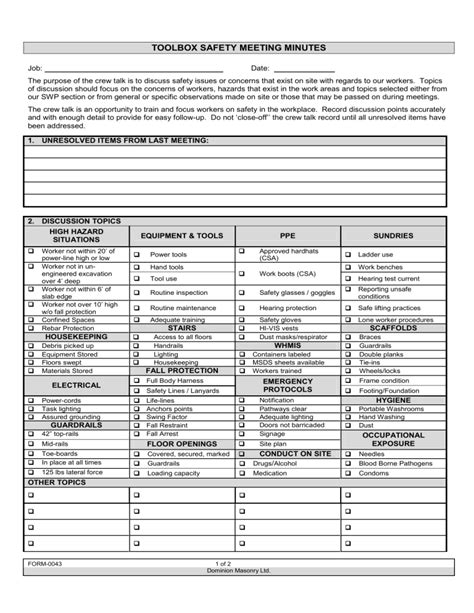 Toolbox Safety Meeting Minutes Template