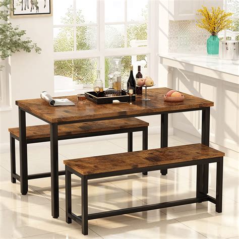 Recaceik Modern 47.2" Kitchen Table with Benches Set, Marble Tone ...