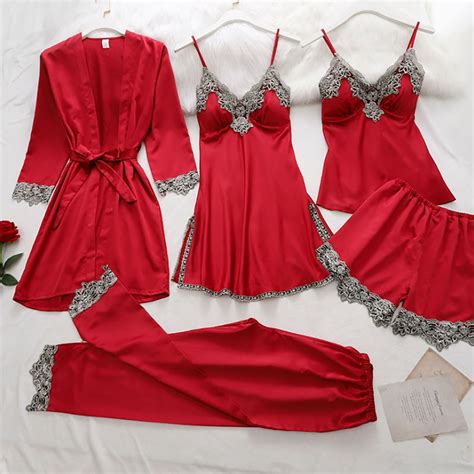 Womens Satin Pajama Set 5pcs Sleepwear Silky Pajama Set Lace Cami Pjs