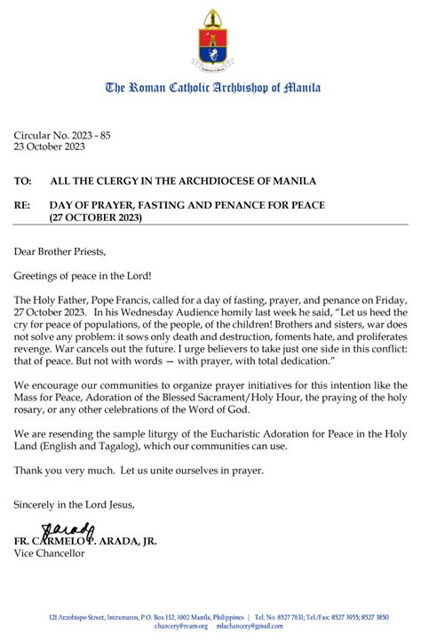 Day Of Prayer Fasting And Penance For Peace October Roman