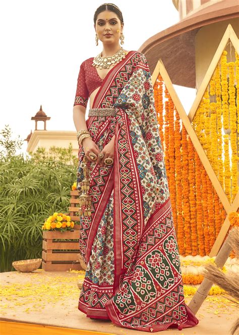 Cream And Red Patola Saree Urban Womania