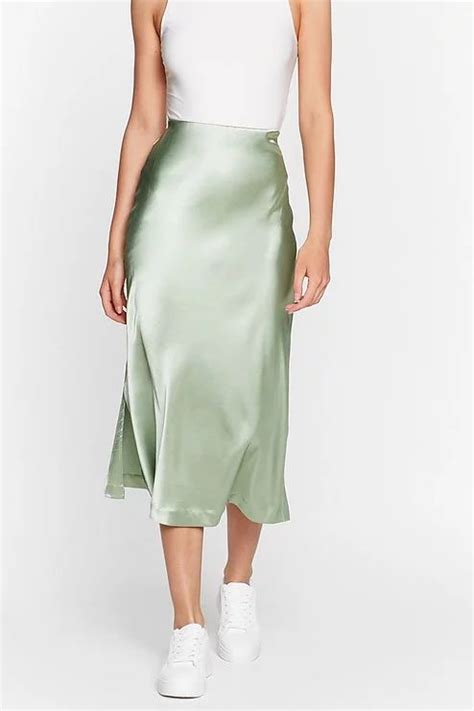 High Waisted Satin Side Split Midi Skirt In 2021 Silk Skirt Outfit