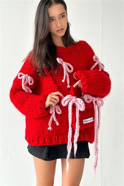 Red Chunky Bow Knit Sweater Stickprojekt Virka Och Sticka Stickning