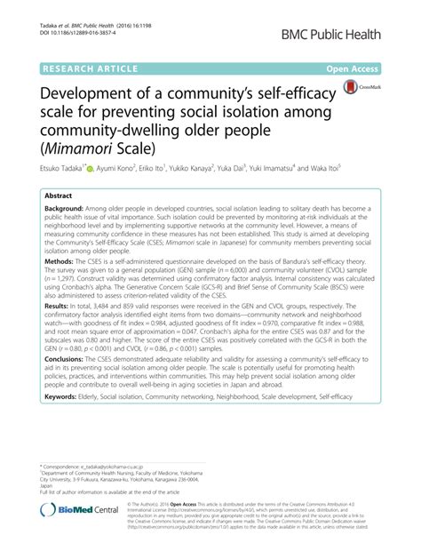 Pdf Development Of A Communitys Self Efficacy Scale For Preventing