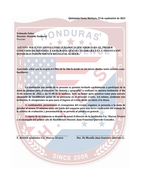 Carta De Invitacion Al Jurado Donaldo Sandoval Quimist N Santa