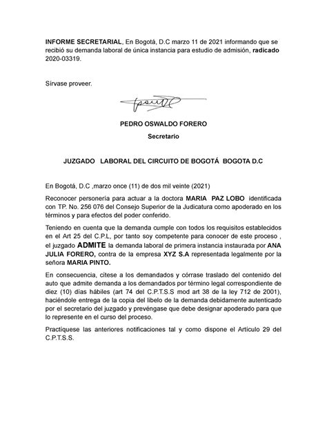 Auto admisorio demanda laboral docx INFORME SECRETARIAL En Bogotá D