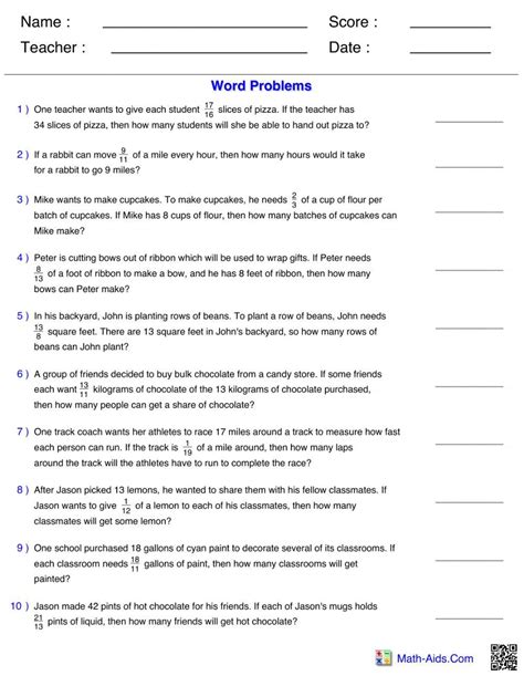 Dividing Fractions Word Problems 6th Grade Online Exercise For