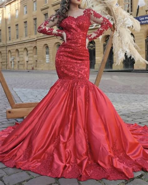 Mermaid Red Satin Dress Lace Long Sleeve Lisposa