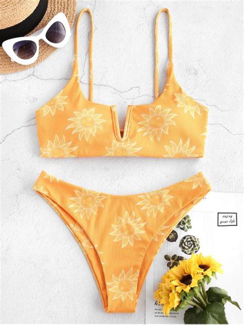 Off Zaful Sun Print Ribbed Lace Up V Wired Bikini Swimwear