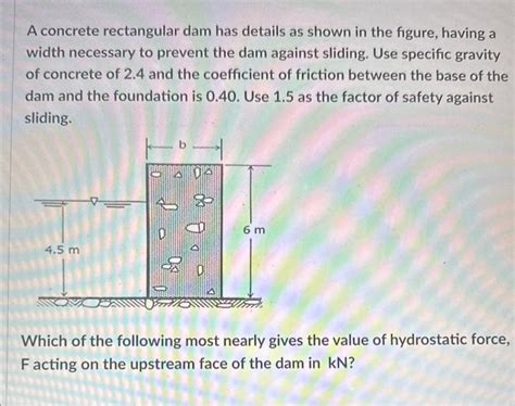 Solved A Concrete Rectangular Dam Has Details As Shown In Chegg