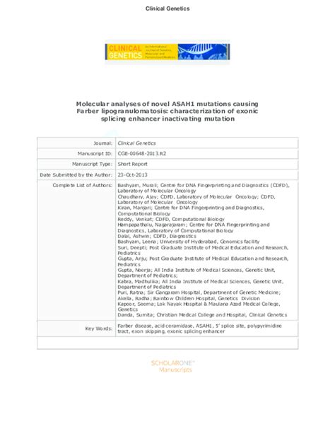 Pdf Molecular Analyses Of Novel Asah1 Mutations Causing Farber Lipogranulomatosis Analyses Of