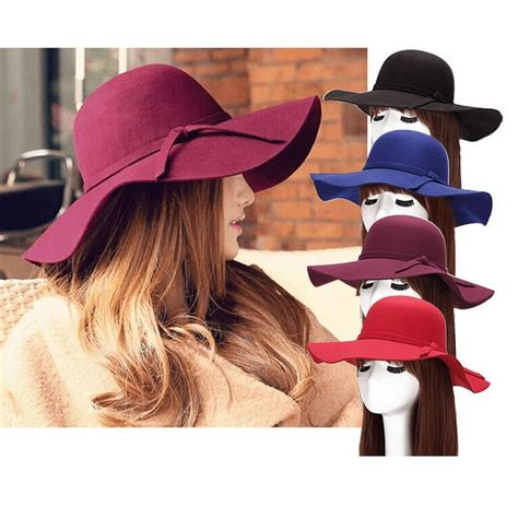 Magik Vintage Women Ladies Wide Brim Floppy Warm Wool Blend Felt Hat Trilby Bowler Cap Burgundy