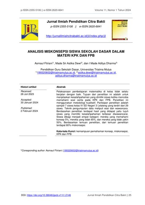 Pdf Analisis Miskonsepsi Siswa Sekolah Dasar Dalam Materi Kpk Dan Fpb