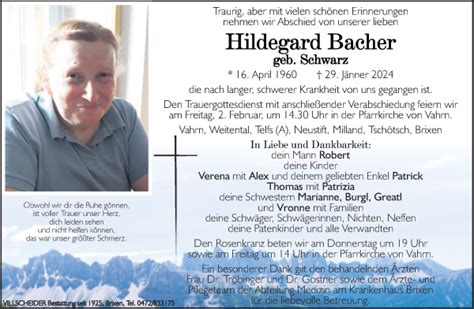 Traueranzeigen Von Hildegard Bacher Trauer Bz