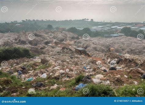 Landfill Landscape With Trash Piles Bulldozer And Garbage Truck