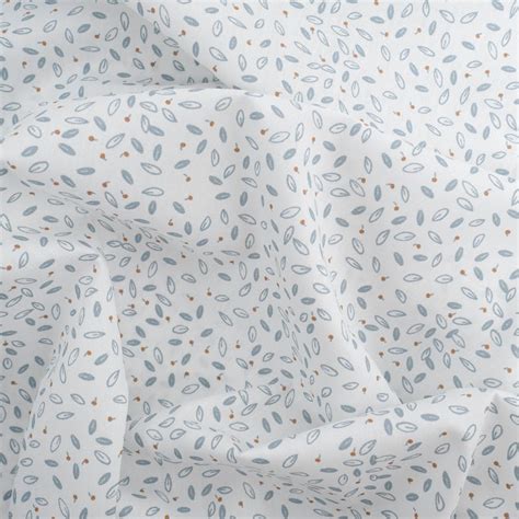 Tissu Coton Blanc Petit Feuillage Gris Bleu Oeko Tex Mercerine