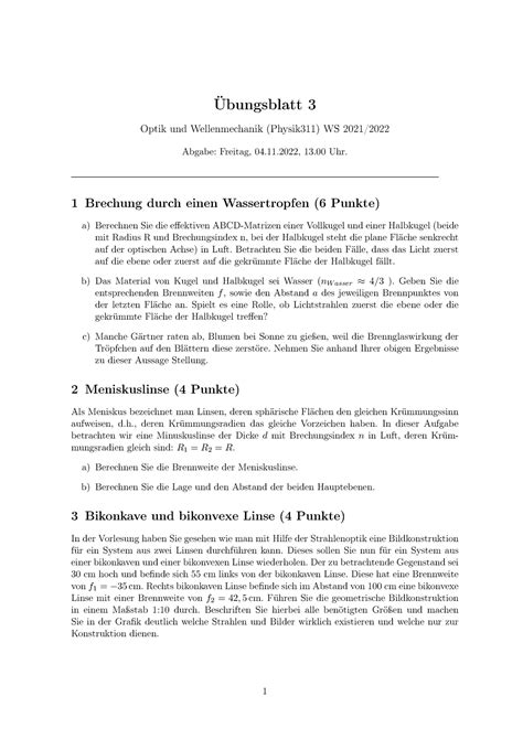 Bungsblatt Physik Iii Optik Und Wellenmechanik Bungsblatt