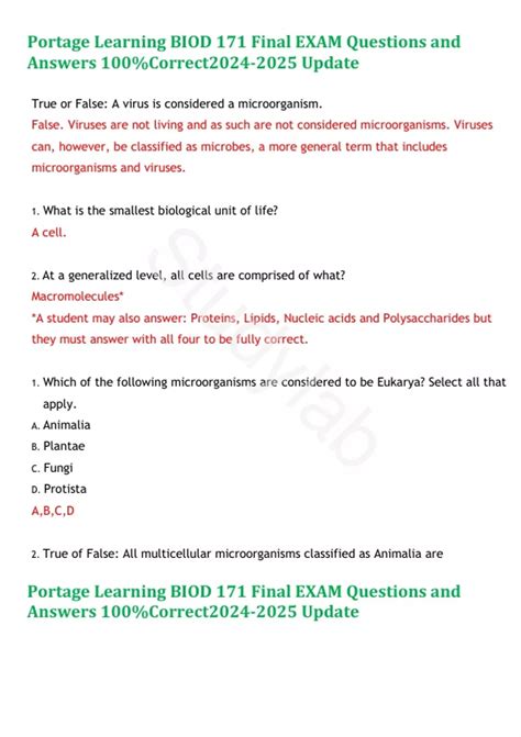 Portage Learning BIOD 171 Final EXAM Questions And Answers 100 Correct