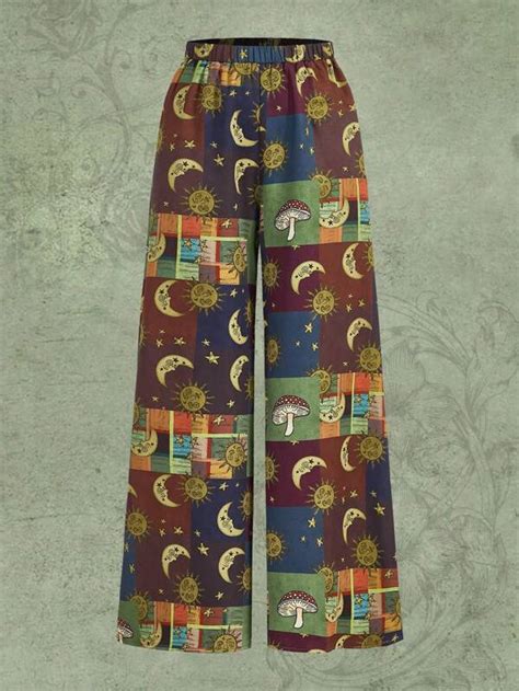 Romwe Hippie Sun Moon Print Wide Leg Trousers Shein Uk