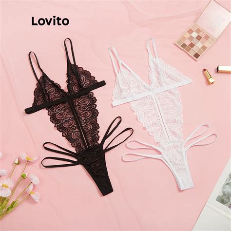 Lovito Lace Sexy Lace Sheer Criss Cross Teddy Sexy Lingerie For Women