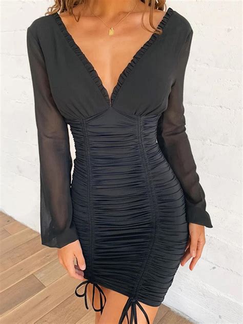 Black V Neck Frill Trim Long Sleeve Bodycon Mini Dress Choies