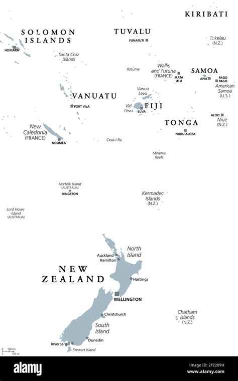 New Zealand And Southern Polynesia Gray Political Map With Capitals