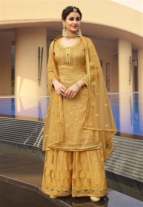 Golden Jacquard Silk Embroidered Kameez With Palazzo