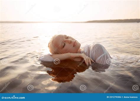 Nude Naked Woman In Water At Sunset Beautiful Blonde Woman With Short