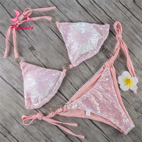 Pacento Shiny Sequins Bikini Halter Bequini Women Pink Swimsuit Female