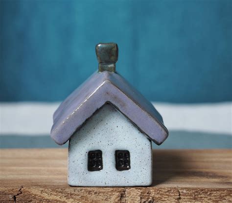 White Ceramic House With Purple Roof Decorative House Small Etsy