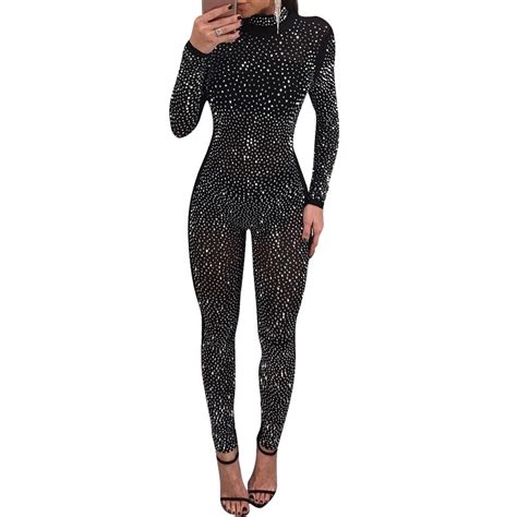 New Womens Sexy Clubwear Jumpsuits Solid O Neck Long Sleeve Diamonds Back Zipper Party See