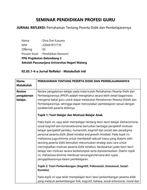 Jurnal Refleksi Pemahaman Peserta Didik Dan Pembelajarannya Seminar