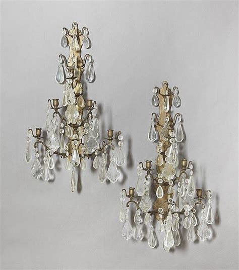 Lot Pair Of Louis Xiv Style Bronze Crystal Sconces