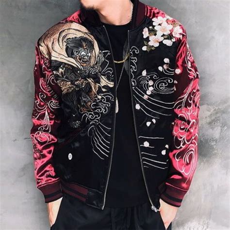 Mens Sukajan Souvenir Jacket Japanese Pattern Embroidery Reversible