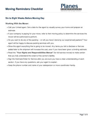 Fillable Online Moving Reminders Checklist Fax Email Print PdfFiller