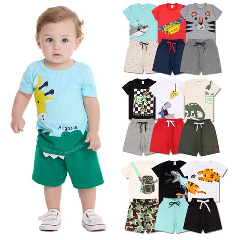 Kit Sortido 10 Peças de Roupas Infantil Bebê Menino 5 Camisetas 5