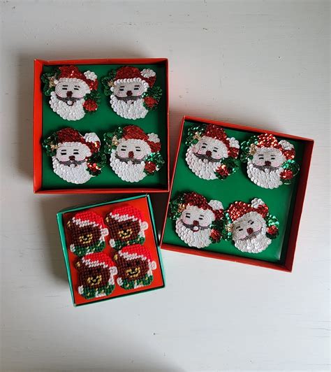 Christmas Napkin Rings Vintage Sequin Santas And Needlepoint Etsy