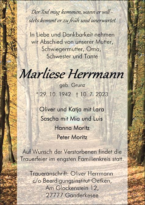 Traueranzeigen Von Marliese Herrmann Noz Trauerportal