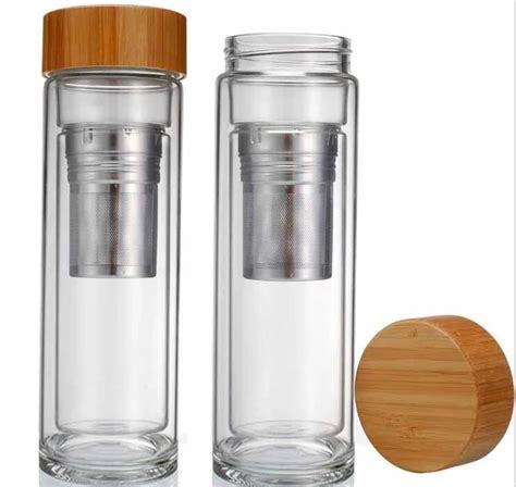 Double Wall Glass Tea Infuser Bottle Glass Water Bottle With Bamboo Lid