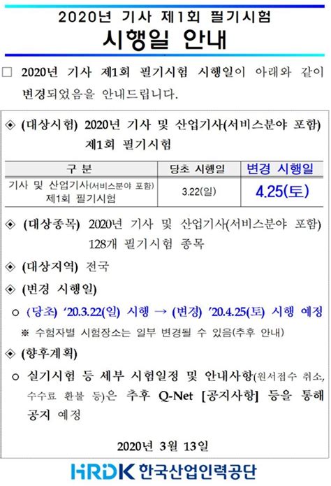 한국산업인력공단 2020년 기사 제1회 필기시험 4월 25일 시행 에듀인사이드