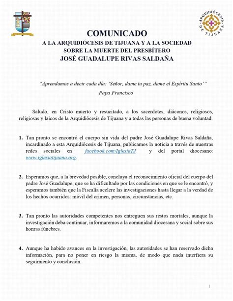 Comunicado A La ArquidiÓcesis De Tijuana Y A La Sociedad Sobre La Muerte Del PresbÍtero JosÉ