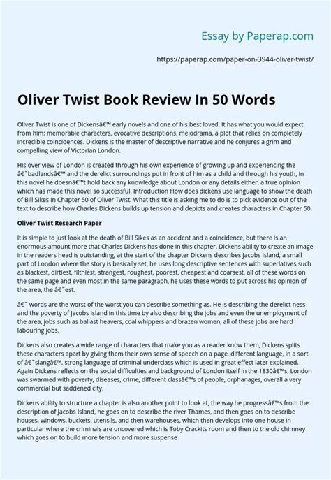 Oliver Twist Book Summary Essay Example - 100, 200 Words